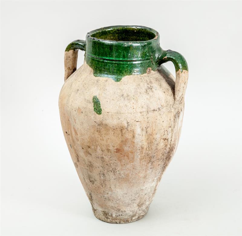 Appraisal: PART GREEN-GLAZED POTTERY TWO-HANDLED OVOID JAR Possibly Mexican x in