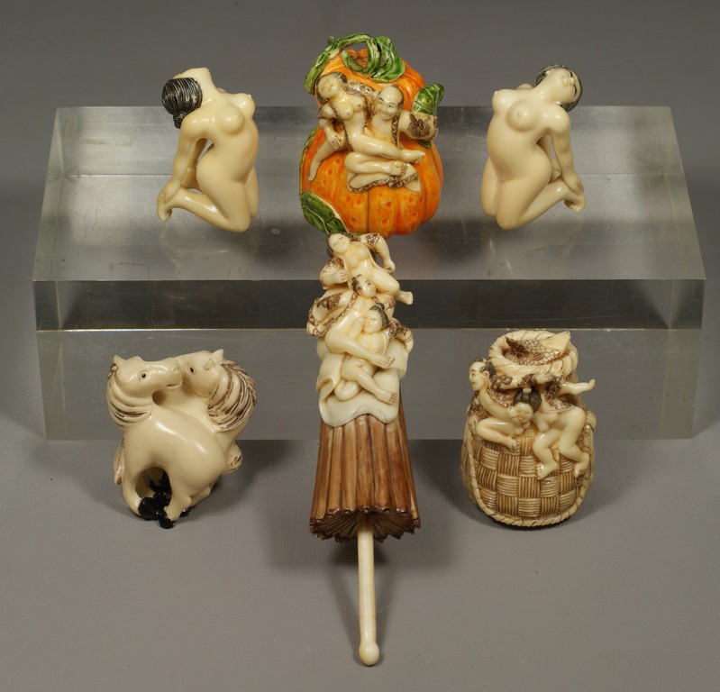 Appraisal: Mammoth Ivory Japanese Carvings erotic nude maidens and a horse