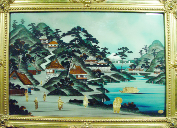 Appraisal: Two Japanese paintings onto glass of pagodas and temples with