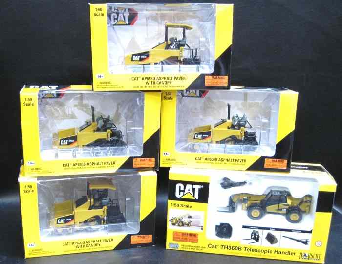 Appraisal: FIVE NORSCOT DIECAST SCALE MODELS OF ''CATERPILLAR'' HEAVY EQUIPMENT including