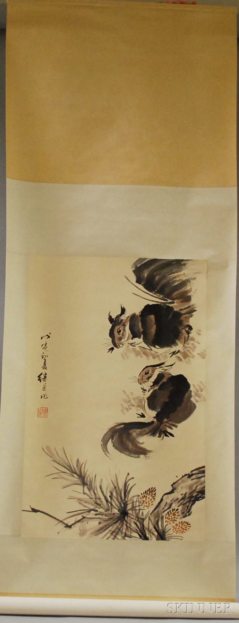 Appraisal: Chinese Ink and Watercolor on Paper Hanging Scroll Depicting Squirrels