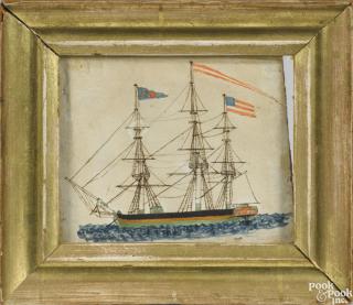 Appraisal: Miniature watercolor of an American frigate th c the reverse