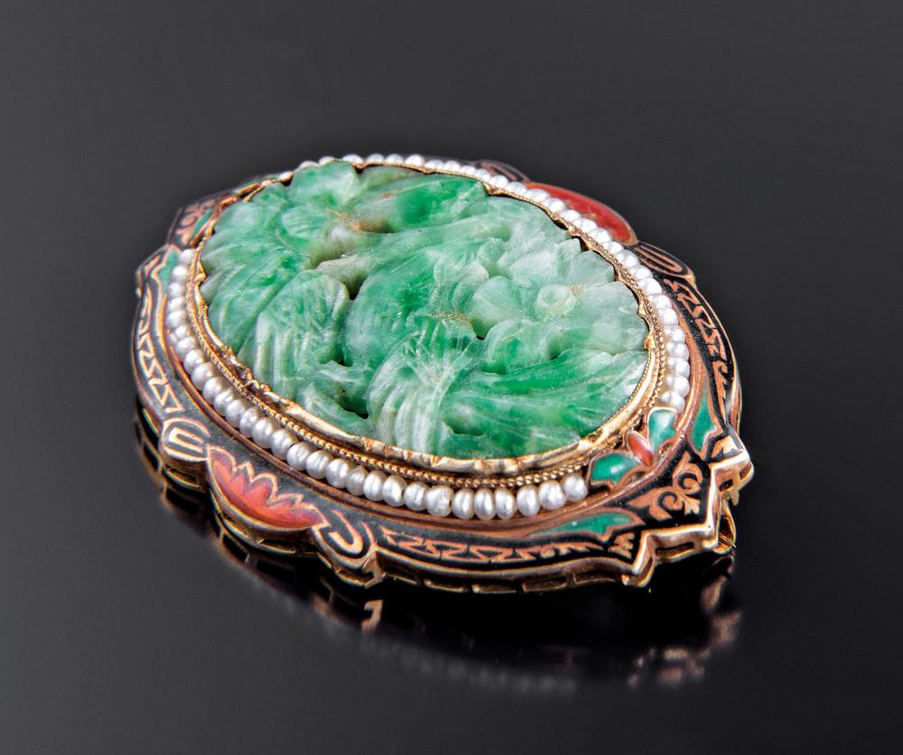 Appraisal: kt Yellow Gold and Carved Jadeite Brooch floral-carved apple green