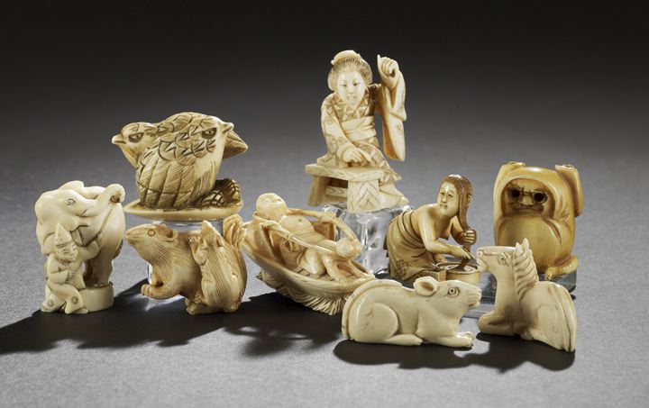 Appraisal: Group of Nine Japanese Carved Ivory Netsuke composed of four