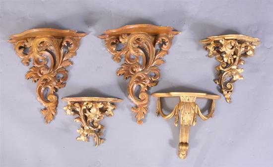 Appraisal: FIVE ITALIAN CARVED GILTWOOD BRACKETS th century Two pair with