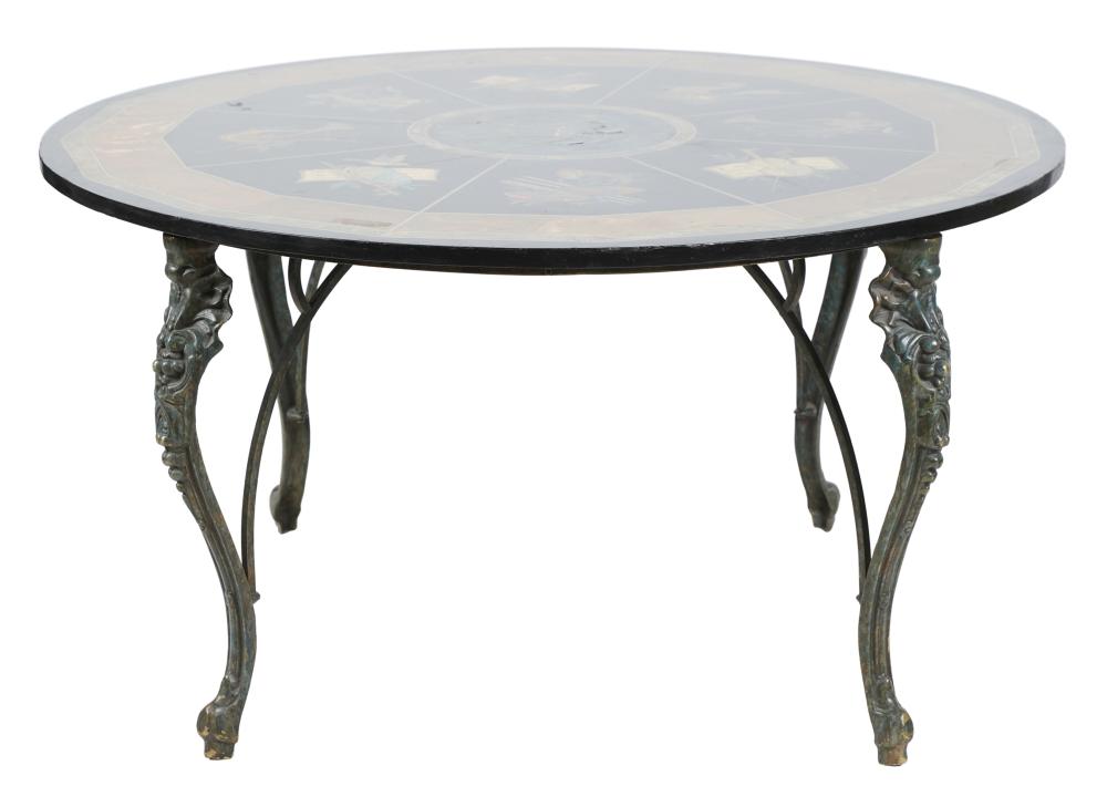 Appraisal: BRONZE PAINTED MARBLE TOP TABLEwith scagliola design to top Condition