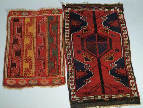 Appraisal: TWO SMALL ORIENTAL MATS With colors of ivory red and