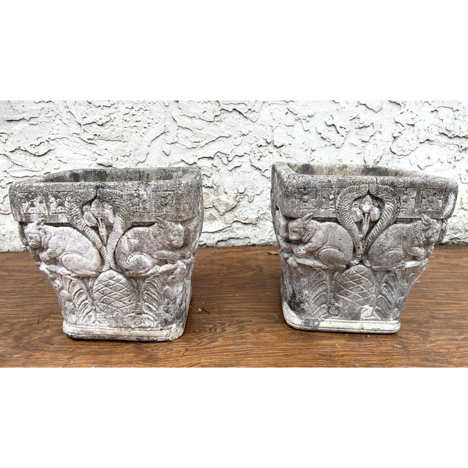 Appraisal: Pair Cast Stone Planter with Squirrels Arts and Crafts Dimensions