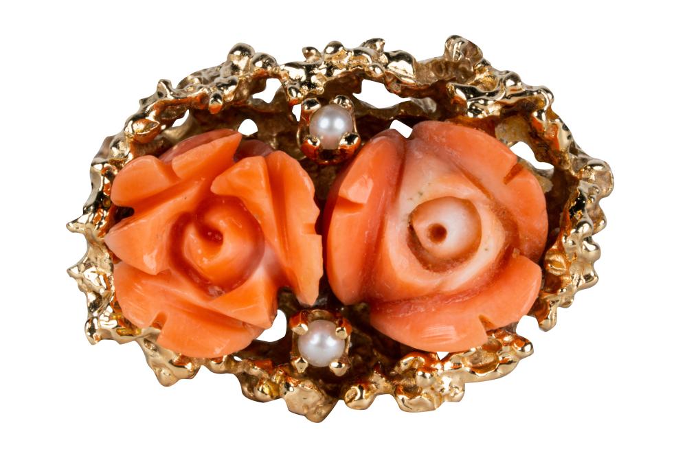 Appraisal: KARAT YELLOW GOLD PEARL CORAL RINGcontaining two floral carved natural