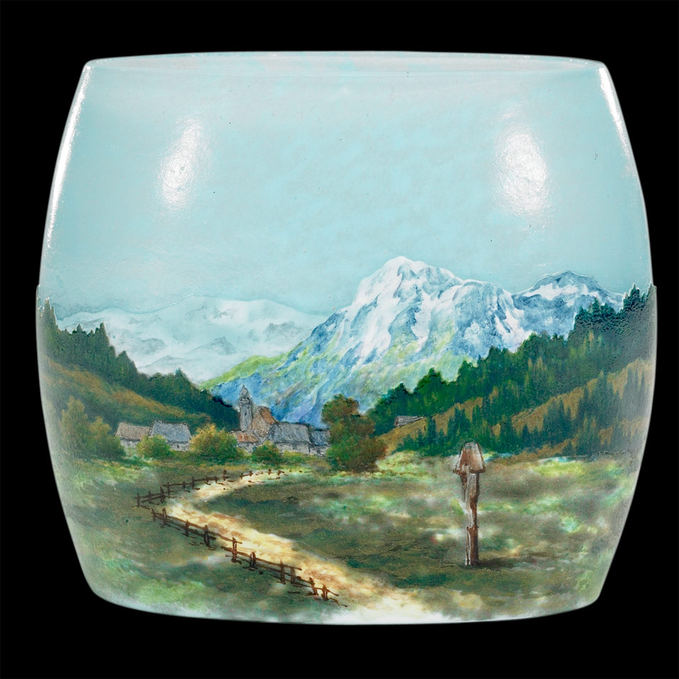 Appraisal: Daum Enameled Cameo Glass Alpine Landscape Vase c minor inner