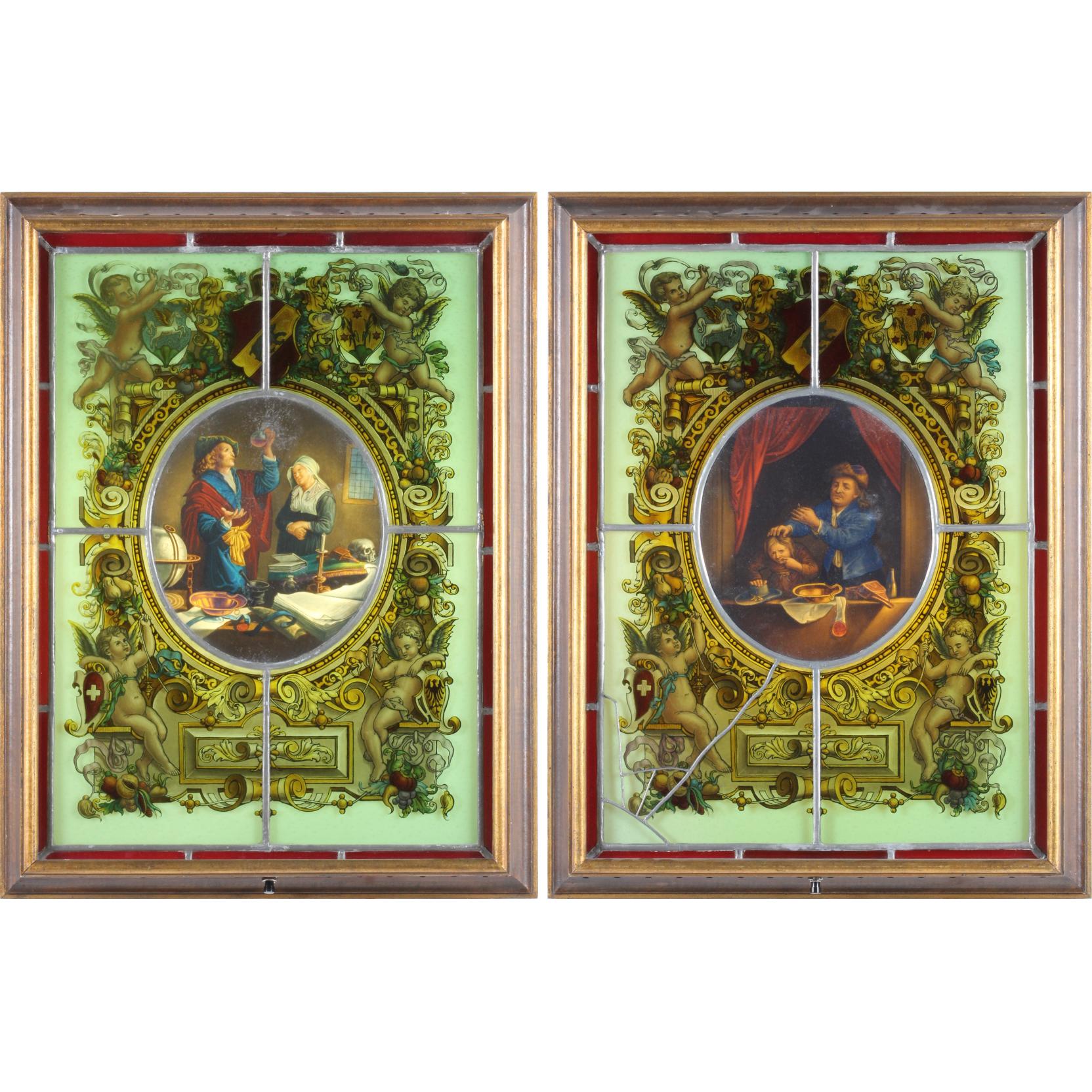 Appraisal: Two Swiss Healing Arts Stained Glass Works th century each