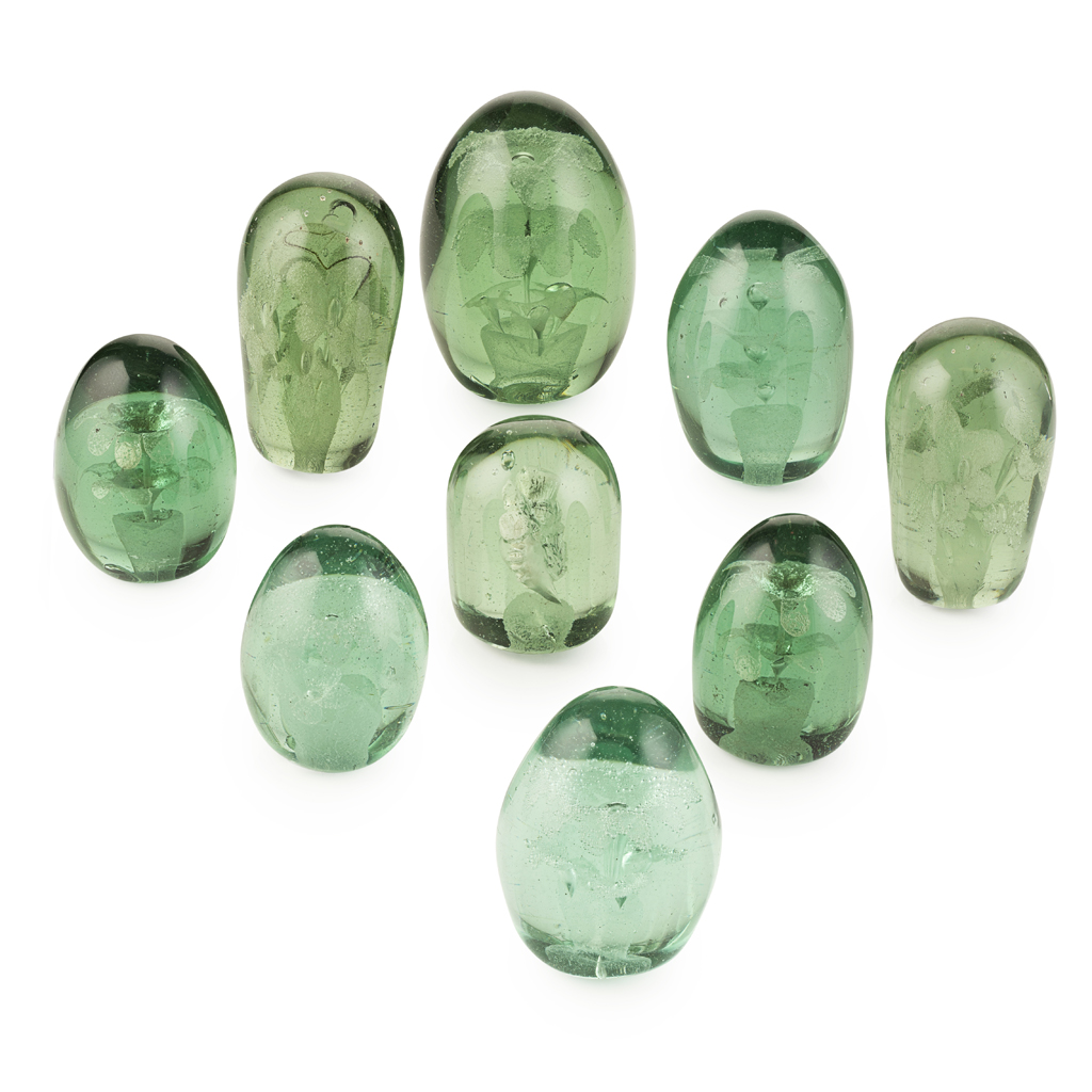 Appraisal: GROUP OF NINE VICTORIAN GREEN GLASS DUMP WEIGHTS TH CENTURY