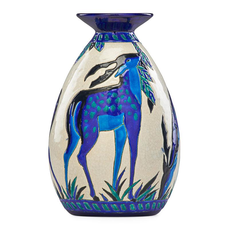 Appraisal: CHARLES CATTEAU BOCH FRERES Vase with antelopes Condition Report Excellent