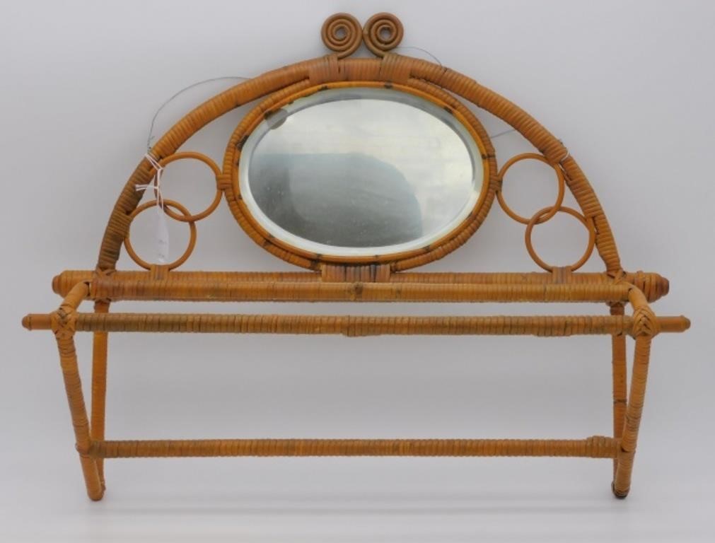 Appraisal: hanging towel rack with original beveled glass mirror ca possibly