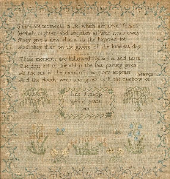 Appraisal: QUAKER SAMPLER American or English silk on linen by Jane