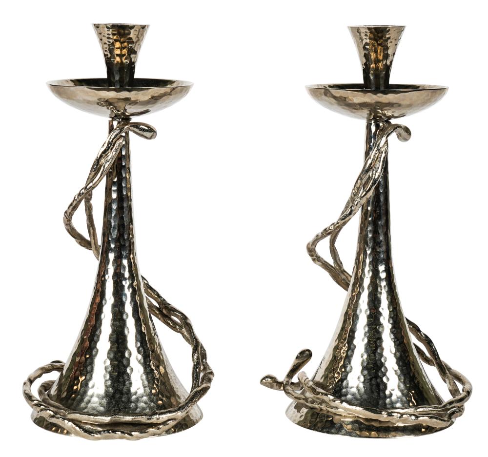 Appraisal: PAIR OF MICHAEL ARAM NICKELPLATE CANDLESTICKSeach signed inches high Condition