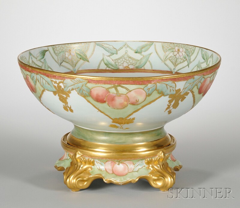 Appraisal: Gilt and Hand-painted Cherries and Floral-decorated Limoges Porcelain Punch Bowl