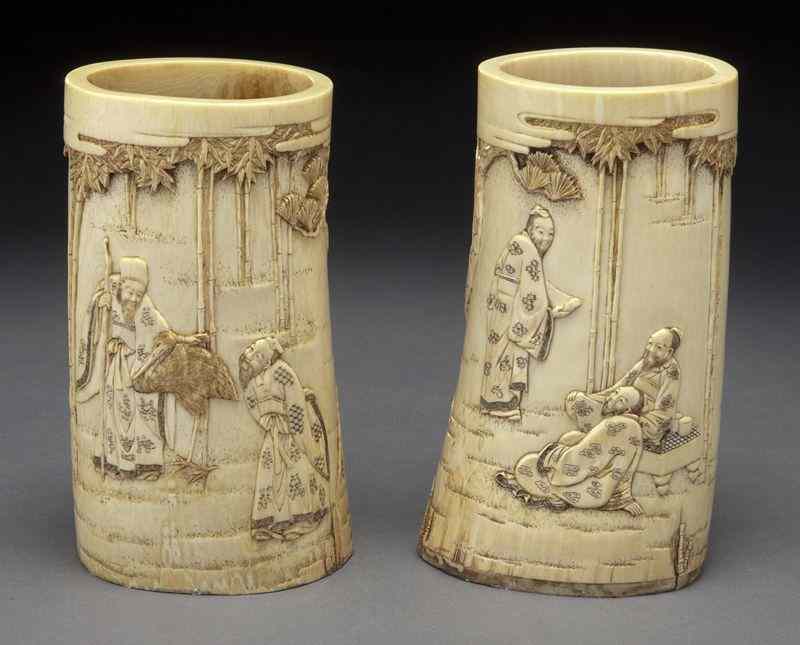 Appraisal: Pr Chinese carved ivory brush pots International shipping IS NOT