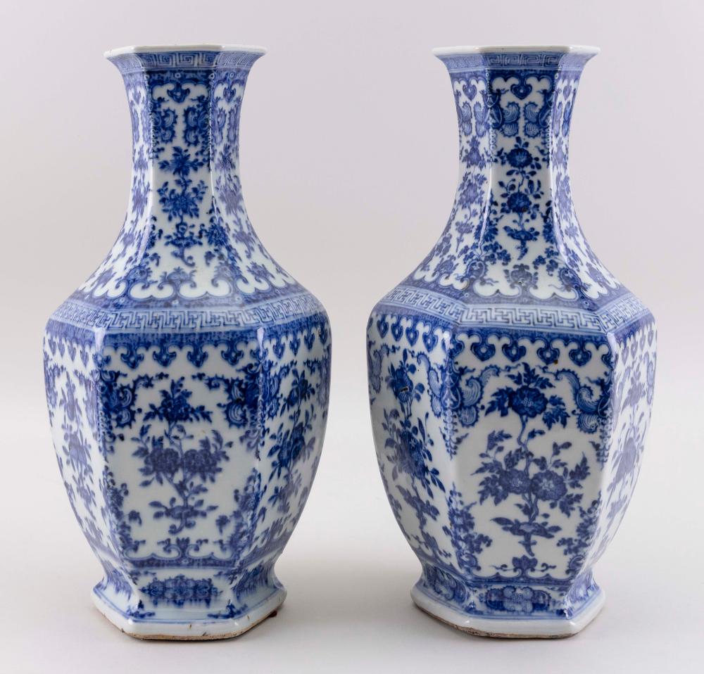 Appraisal: PAIR OF CHINESE BLUE AND WHITE HEXAGONAL BALUSTER VASES LATE