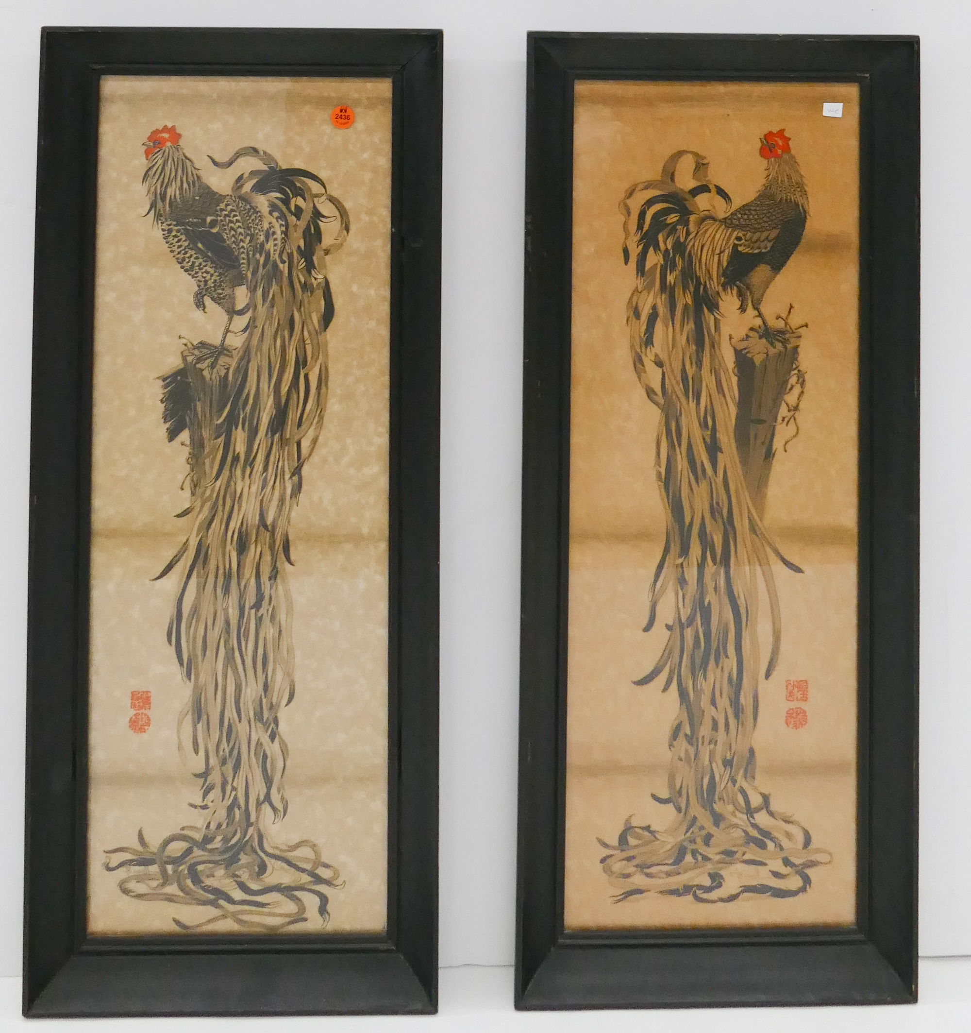 Appraisal: Pair Vintage Japanese Rooster Long Framed Prints- x ''