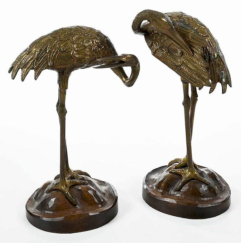 Appraisal: Two Bronze Figural Cranes Spanish th century each set on