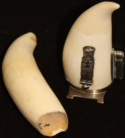 Appraisal: TWO TH C WHALE'S TEETH ONE IS MOUNTED AS ACIGARETTE