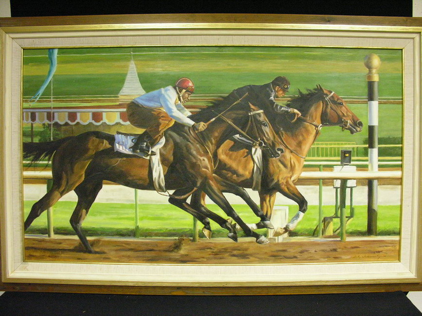 Appraisal: HORSE RACING OIL ON BOARD Signed D R Schwartz oil