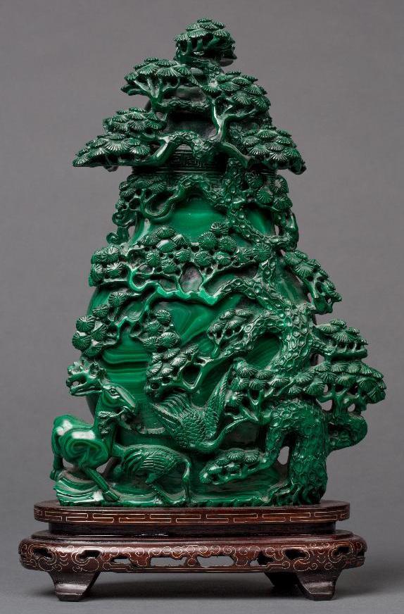 Appraisal: A CARVED MALACHITE LIDDED JAR WITH BONZAI TREE Fine carved