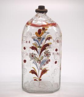 Appraisal: A circa Stiegel-type painted glass spirits flask Colorless octagonal shape