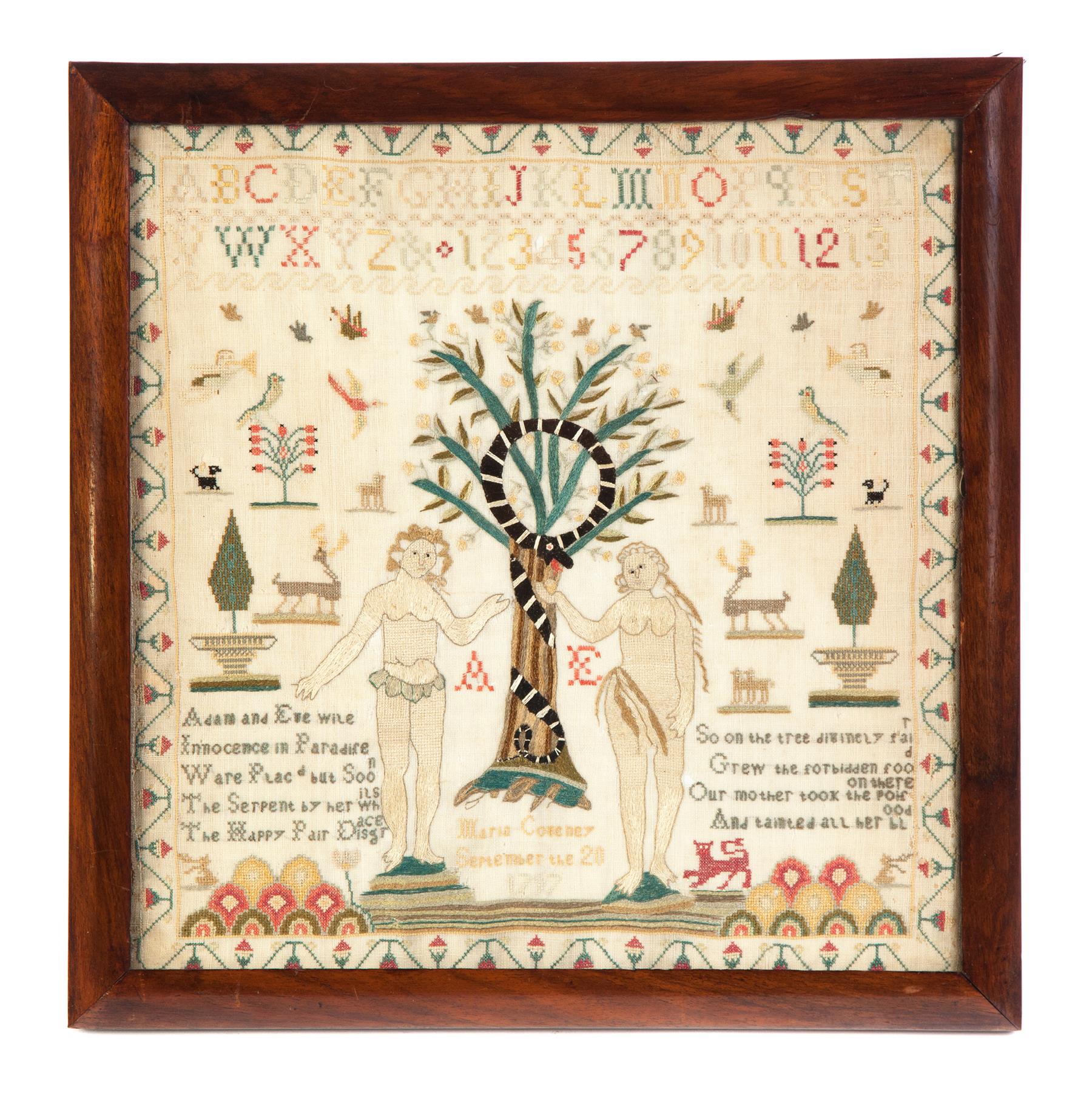 Appraisal: ADAM AND EVE SAMPLER England dated silk on wool Detailed