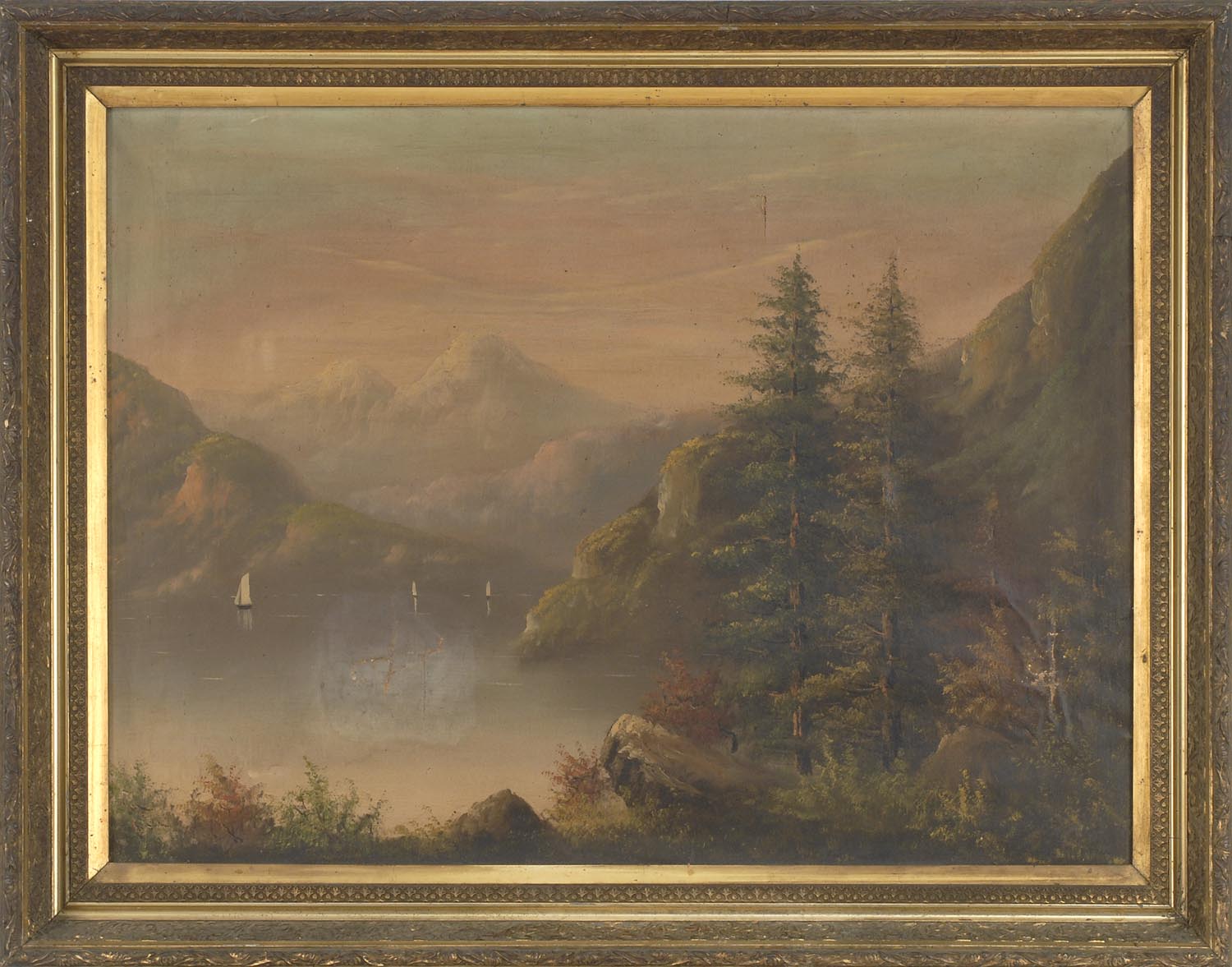 Appraisal: FRAMED PAINTING ARTIST UNKNOWN th Century Landscape with a lake