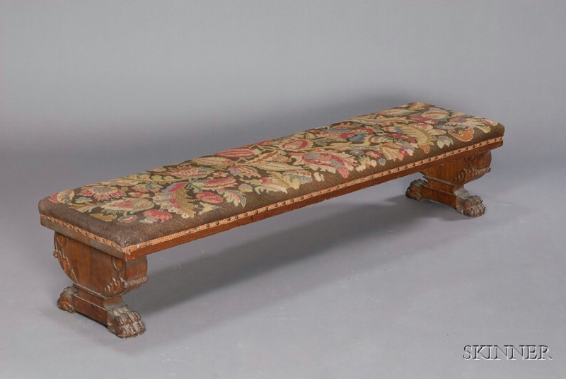 Appraisal: Renaissance-style Needlepoint-upholstered and Carved Oak Fireside Bench early th century