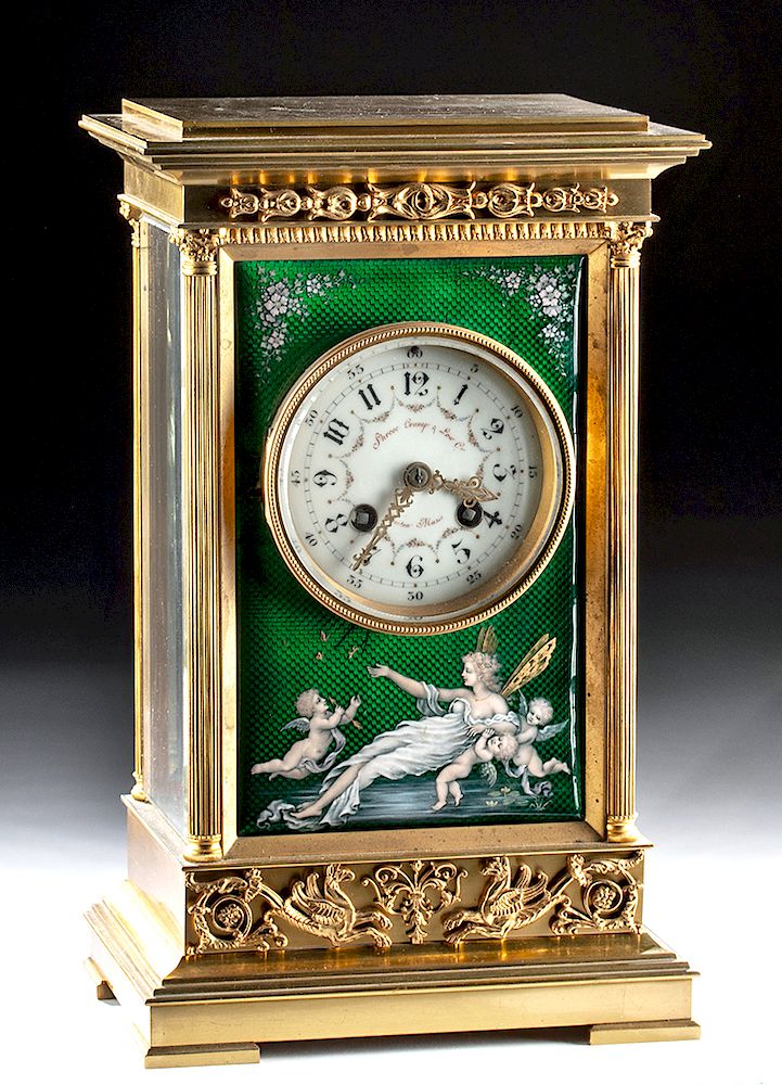 Appraisal: th C French Brass Enamel Etienne Maxant Brevete Clock Europe