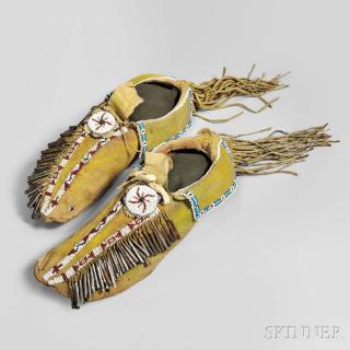 Appraisal: Comanche Beaded Hide Moccasins c with green and yellow pigments