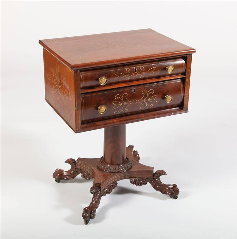 Appraisal: CLASSICAL CARVED MAHOGANY WORK TABLE PHILADELPHIA The overhanging rectangular top