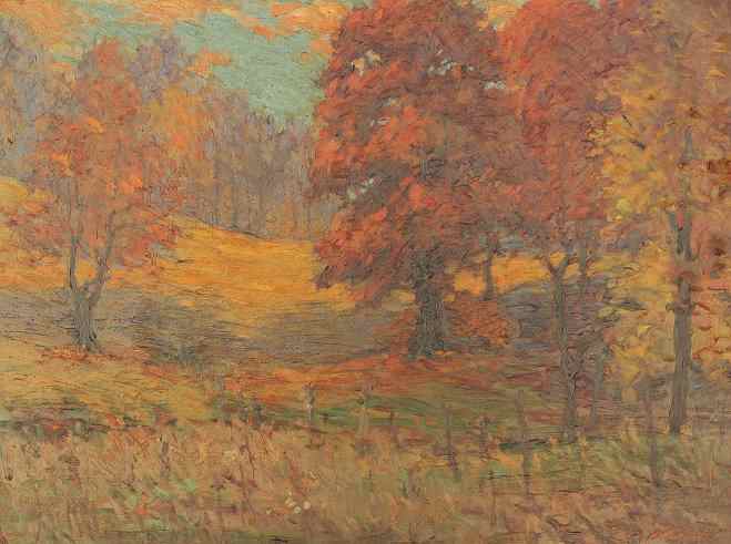 Appraisal: WALASEK AUTUMNAL FOREST CLEARING OIL MASONITE '' x '' signed