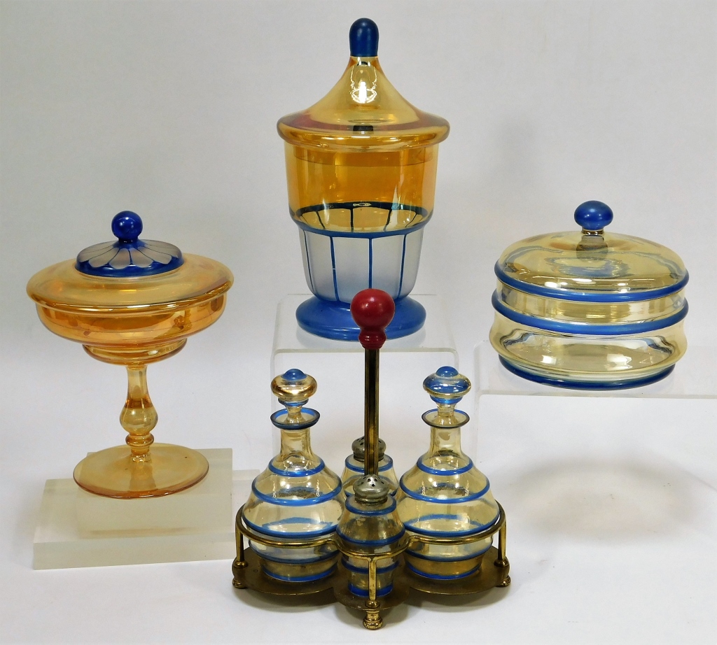 Appraisal: PC BLUE AND AMBER BOHEMIAN ART GLASS TABLEWARE Bohemia United