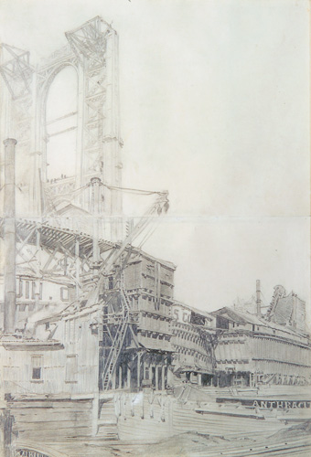 Appraisal: John Rutherford Boyd - Manhattan Bridge Under Construction Pencil on