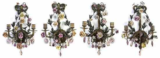 Appraisal: Four Cast Metal Tole and Porcelain Two-Light Sconces each of