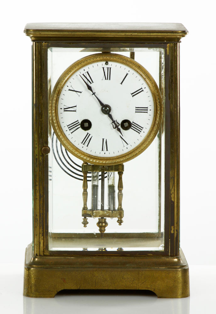 Appraisal: - Brass French Clock French clock brass with beveled glass