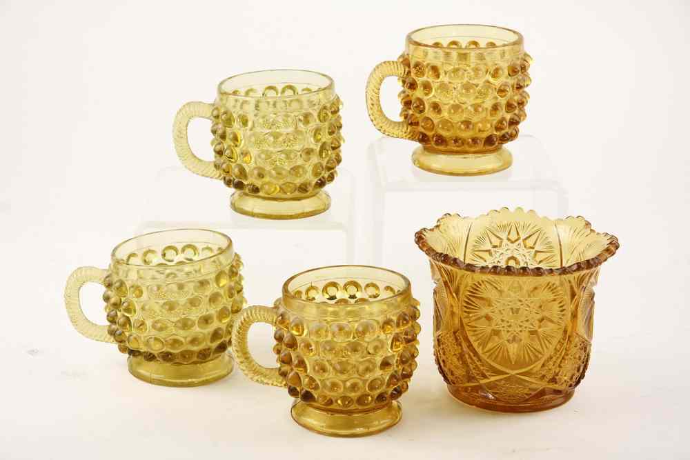 Appraisal: PCS EARLY AMBER GLASS - Set Mold Blown Hobnail footed