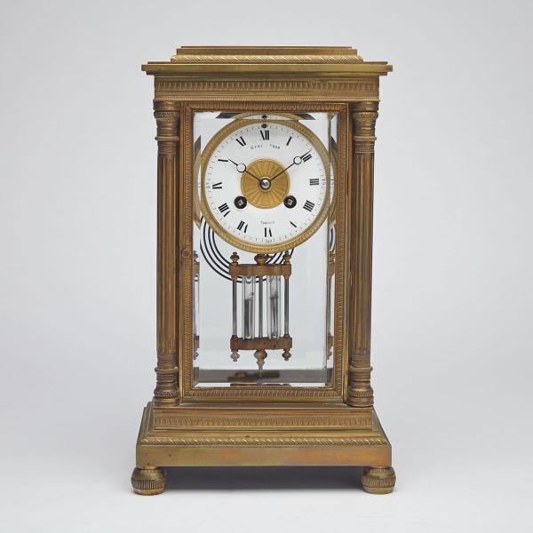 Appraisal: French Glass Panelled Gilt Brass Mantel Clock c the white