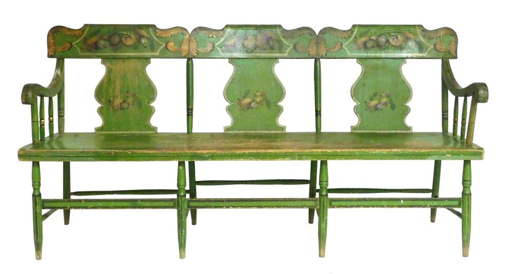 Appraisal: American painted wood bench likely Pennsylvania green paint with polychrome