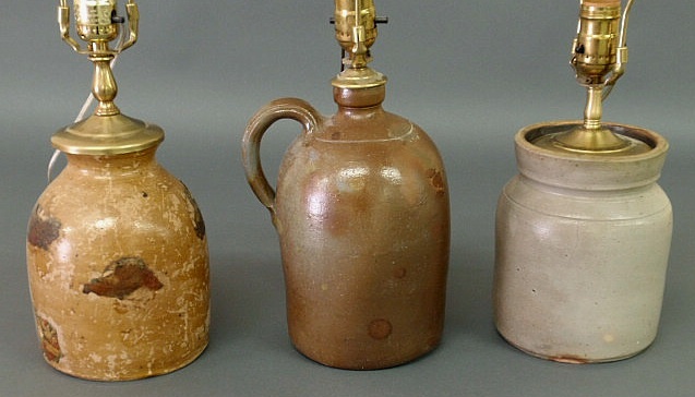 Appraisal: Three stoneware crocks jugs converted to lamps tallest h