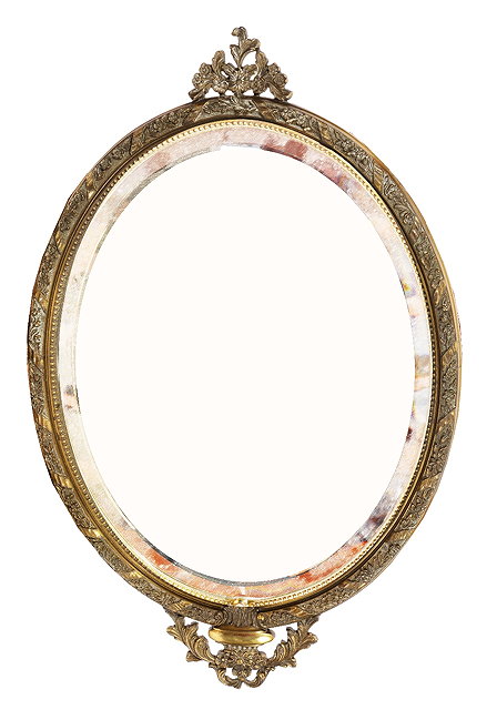 Appraisal: AN OVAL BRASS FRAMED HANGING WALL MIRROR with bevelled glass