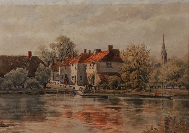 Appraisal: TH CENTURY ENGLISH SCHOOLRiver landscape with buildings and church tower