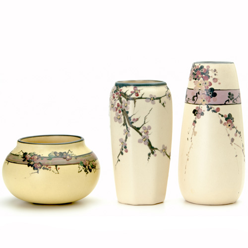 Appraisal: WELLER Three White and Decorated Hudson vases one faceted one