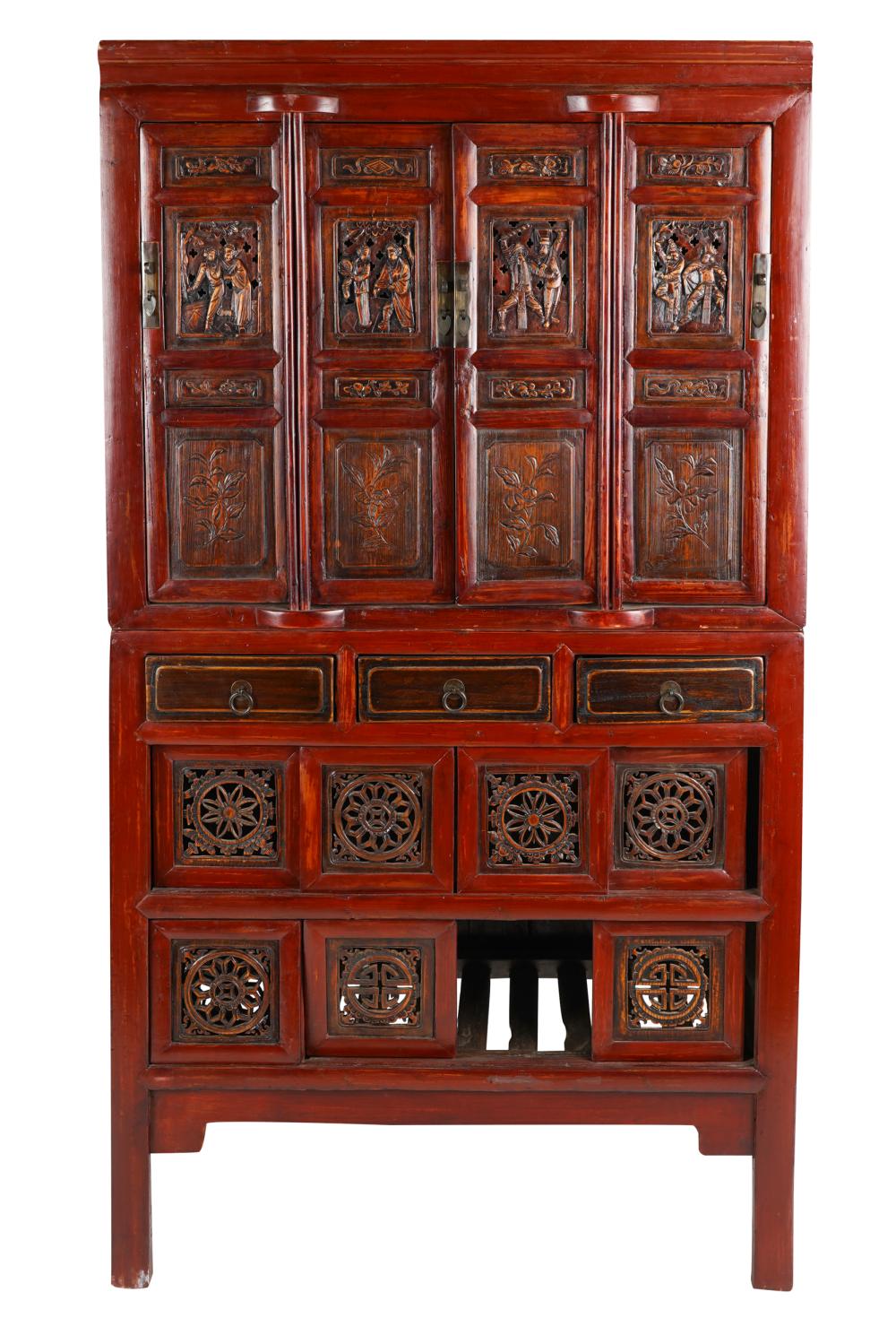 Appraisal: CHINESE RED LACQUERED CABINETin two parts inches wide inches deep