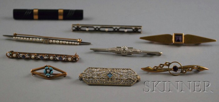 Appraisal: Eight Gold Gem-set Bar Pins four kt gold two with