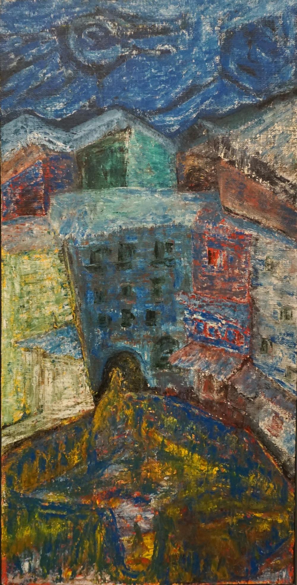 Appraisal: th Century School Abstract Cityscape Acrylic on Cloth Monogrammed and